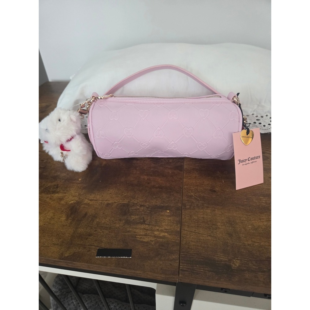 Juicy Couture Pink Embossed Heart Barrel Bag Monogram Shoulder Bag with Charms
